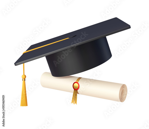 3d graduation student cap with tassel and diploma. Academy study achievement isolated vector concept, university realistic graduation cap icon. College student success congratulation 3D symbol
