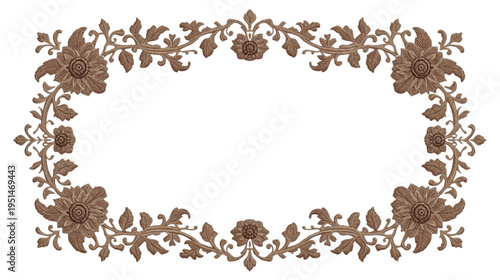 Floral Decorative Frame with Ornate Vintage Style Sunflower and Leaf Elements