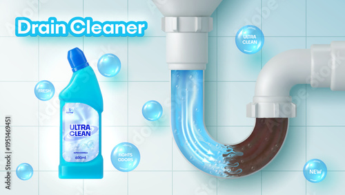 Realistic bathroom, kitchen and toilet drain pipe and cleaner bottle next to transparent curved pipe showing cleaning process inside plumbing system. 3d vector sanitation hygiene product ads banner