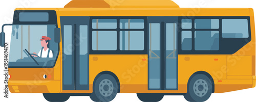 Modern yellow city bus with driver isolated on white background representing public transportation transit system and urban commuter services vector illustration.