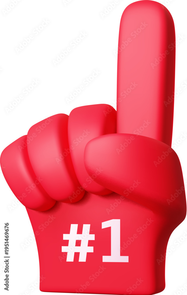 Fototapeta premium 3d number one fan glove, winner symbol. Vector red foam hand with raised index finger gesture and 1 symbol. Vector cheerleader hand sign for sport competition, victory celebration, fan support event