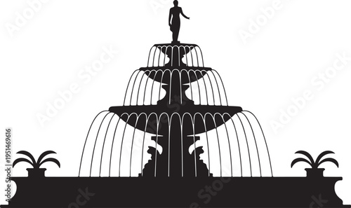 Black silhouette of a three tiered fountain with a statue