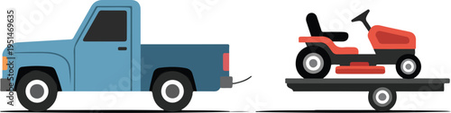 Blue pickup truck towing a trailer with a red riding lawn mower representing landscaping services gardening business and professional lawn maintenance vector illustration.