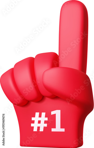 3d number one fan glove, winner symbol. Vector red foam hand with raised index finger gesture and 1 symbol. Vector cheerleader hand sign for sport competition, victory celebration, fan support event