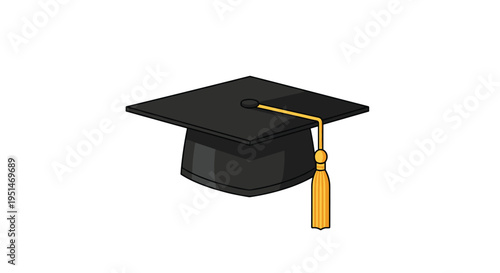 A classic black graduation cap with a prominent gold tassel hanging from its center is positioned on a clean white background.