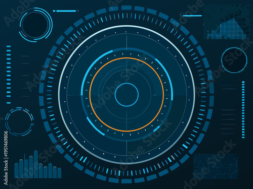 Futuristic radar screen with circular interface and data visualizations