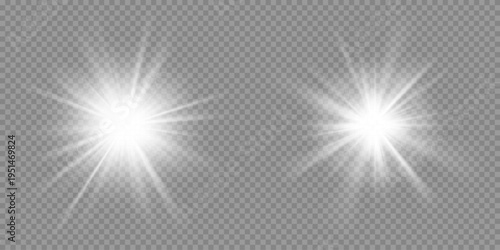 Sun light and lens flares, sunlight beams. White radial shine rays. Realistic vector glow effect with soft gradient edges and shining beams. Bright glowing star burst light overlay, magical sparkles