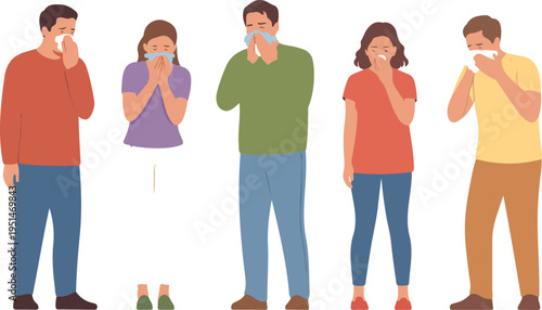 Diverse group of people sneezing and blowing their noses with tissues representing seasonal allergies common cold flu symptoms and respiratory illness vector illustration.