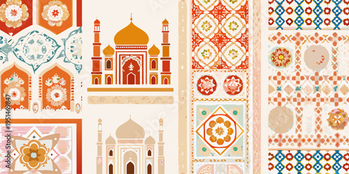 Collage featuring the taj mahal and intricate floral and geometric patterns