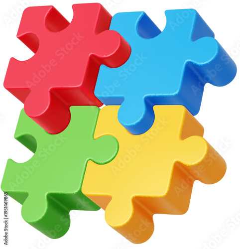 3d jigsaw puzzle pieces game toy icon, success solution. Vector colorful puzzle blocks connected together forming symbol of teamwork, logic thinking, integration, problem solving, business process
