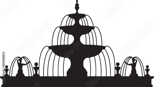 Black silhouette of a three tiered fountain with statues