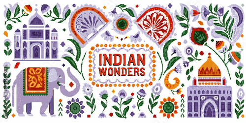 A colorful illustration showcasing iconic indian landmarks and cultural elements