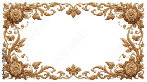 Carved Wooden Ornate Floral Frame with Vintage Elegant Design on Transparent Background