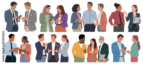 Diverse group of professionals in business attire. People engaged in casual conversations, exchanging ideas. Some hold phones, notebooks, or coffee cups