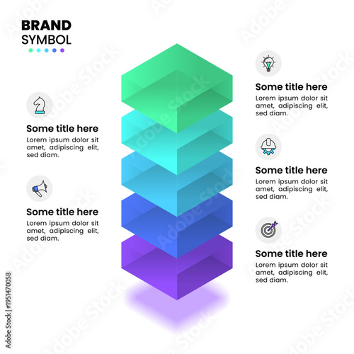 Infographic template. 5 glass blocks with icons and text