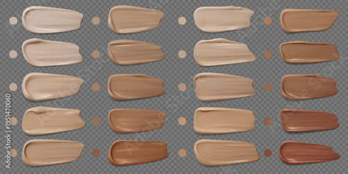 Realistic beige and brown makeup foundation cream swatches, cosmetic concealer. skincare cosmetics drops set. Liquid powder or bb creme. 3d vector creamy glossy finish, beauty skincare product samples