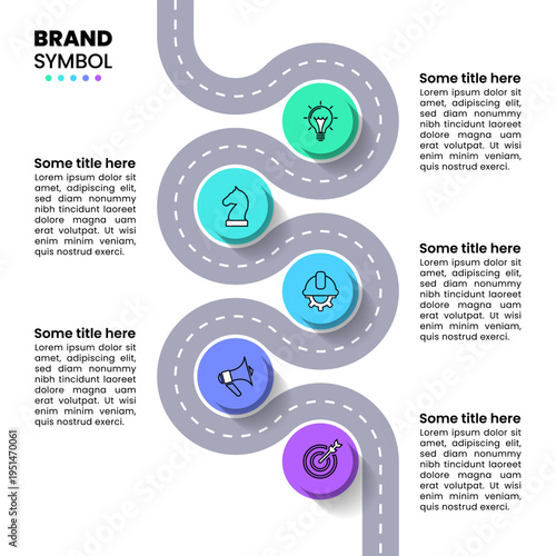 Infographics template. Vertical road with circles and 5 steps