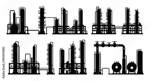 Silhouette Illustrations of Industrial Plant and Refinery Structures.