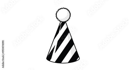 A conical party hat with black and white diagonal stripes is topped with a fluffy white pom-pom.
