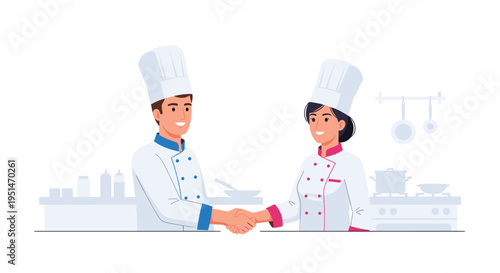 A male and female chef in white uniforms shake hands in a clean, modern kitchen setting.