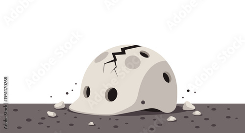 A light gray, cracked helmet with circular vents lies damaged on a dark gray ground surrounded by small debris.