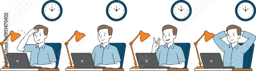 Businessman character working on laptop showing different stages of work progress time management and productivity over time vector illustration.