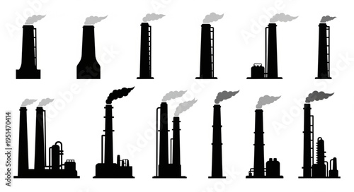 Industrial Chimneys Silhouettes - A Collection of Factory Stacks with Smoke.
