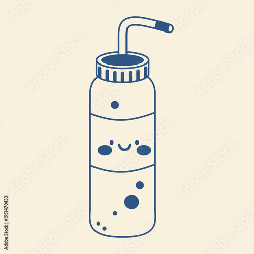 Cute kawaii reusable water bottle with straw doodle illustration eco friendly