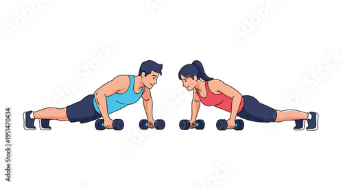 An illustrated man and woman perform push-ups facing each other, each holding dumbbells on a plain white background.