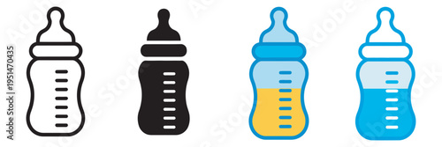 Baby feeding bottle icons, vector set, isolated on white background, infant nutrition, baby care symbols, educational and digital illustrations