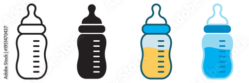 Baby feeding bottle icons, black and white vector, isolated on white, infant nutrition, baby care, digital, print, educational design