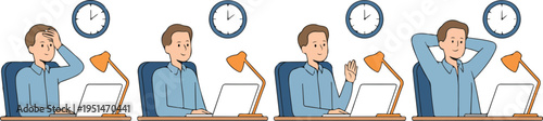 Businessman character working on laptop showing different stages of work progress time management and productivity over time vector illustration.