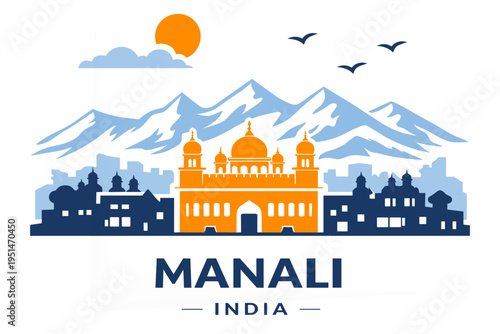 Manali Skyline Flat Vector Himalaya Mountains India Travel Landmark Illustration