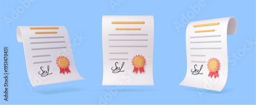 3d achievement certificate, education diploma, graduate and qualification scroll document with seal and ribbon. Vector icon of official approval, school graduation, academic success and training