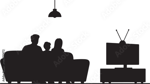 Black silhouette of couple and child sitting on couch watching