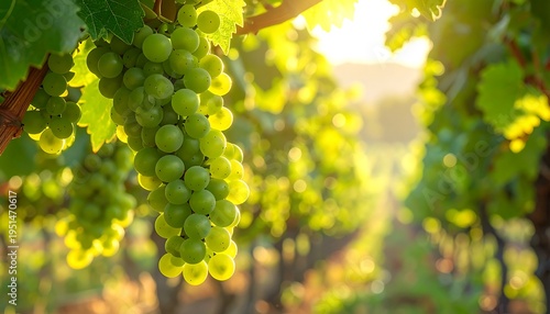 Green grapes on vine bathed in sunlight