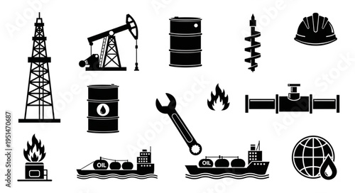 Oil and Gas Industry Icons - Tower, Pump, Barrel, Drill, Helmet, Wrench, Flame, Pipe, Ship, Globe.