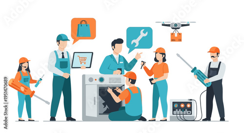 Technical Service, Appliance Repair, Customer Support & Modern Logistics with Drone Delivery Illustration