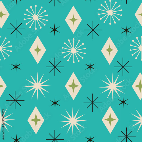 Mid Century Atomic starbursts with diamonds seamless pattern in beige, avocado green and black on teal background. For wallpaper, home décor and fabric