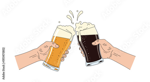 Two hands are clinking tall glasses of light and dark beer, causing foam and liquid to splash upwards against a white background.