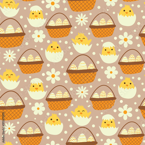 Cute Easter Little chicks with cracked eggs , eggs baskets and white flowers seamless pattern on oatmeal background. For easter print, fabric and kids Clothing