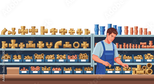 A man in blue overalls sorts brass plumbing fittings on a wooden counter with multiple shelves filled with various metal parts behind him.