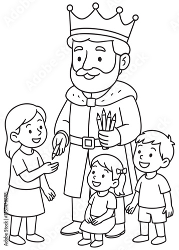 coloring book king handing pencils and crayons to boys and girls at the door