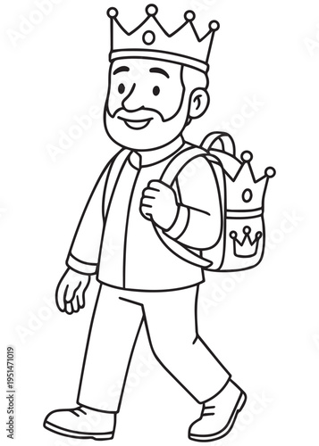 coloring book king walking through school with a backpack on his shoulder