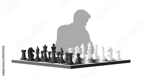 A chessboard with black and white pieces is set in front of a person's grey silhouette.