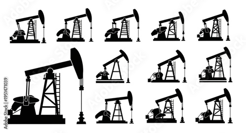 Silhouette Collection of Oil Pumpjacks - Extracting Resources with Industrial Machinery.