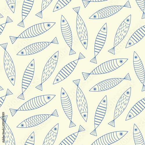 Outlined blue fish seamless pattern on white background. For summer background, fabric, textile and swimwear 