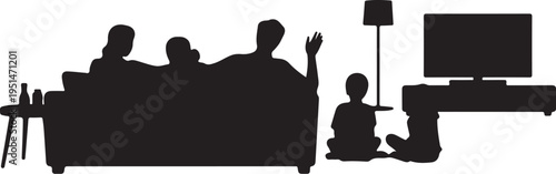 Black silhouette of family watching television together