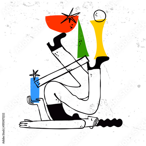 Woman Balancing Abstract Geometric Shapes Life Work Balance Concept Hand Drawn Doodle