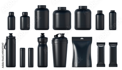 3d sport nutrition black plastic containers package, bottle, shaker and bars mockup. Realistic vector fitness supplement bottles. Food, vitamins, energy drink, whey protein and supplement blank jars